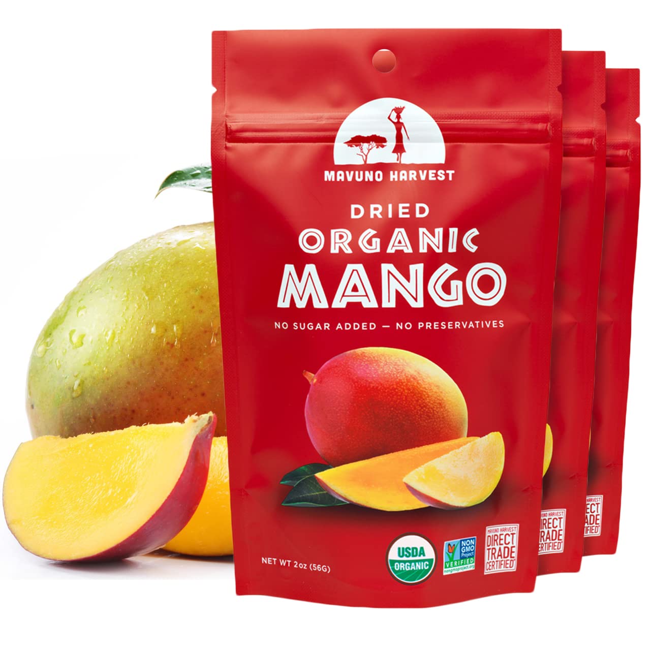 Mavuno Harvest Dried Mango Snacks | Organic, Unsweetened, Gluten Free | 2 Ounce, Pack of 3