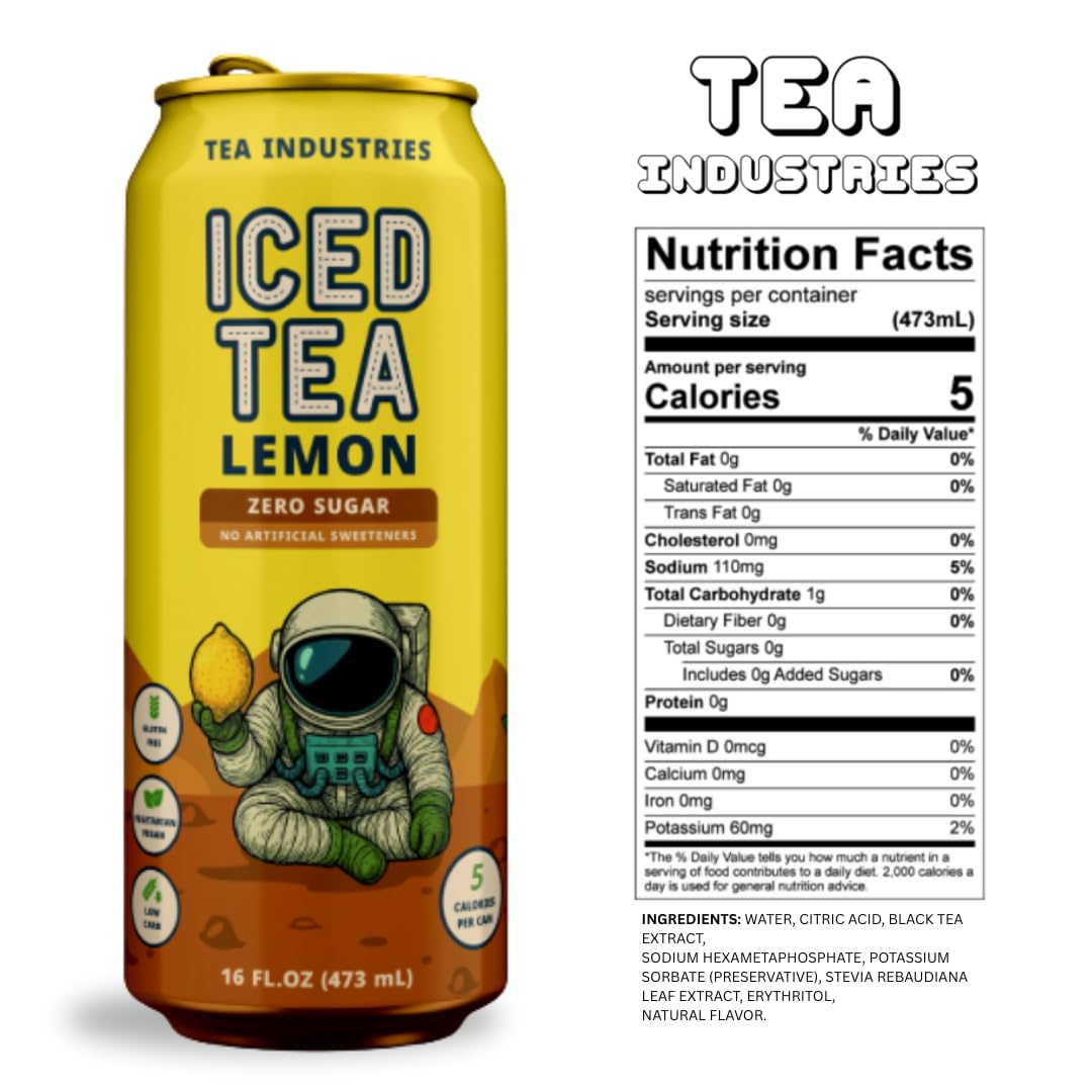 Tea Industries Black Tea with Lemon Iced Tea - Sugar Free  Low Calorie Citrus Flavor Electrolyte Drink for Hydration  16oz Cans (12-Pack)