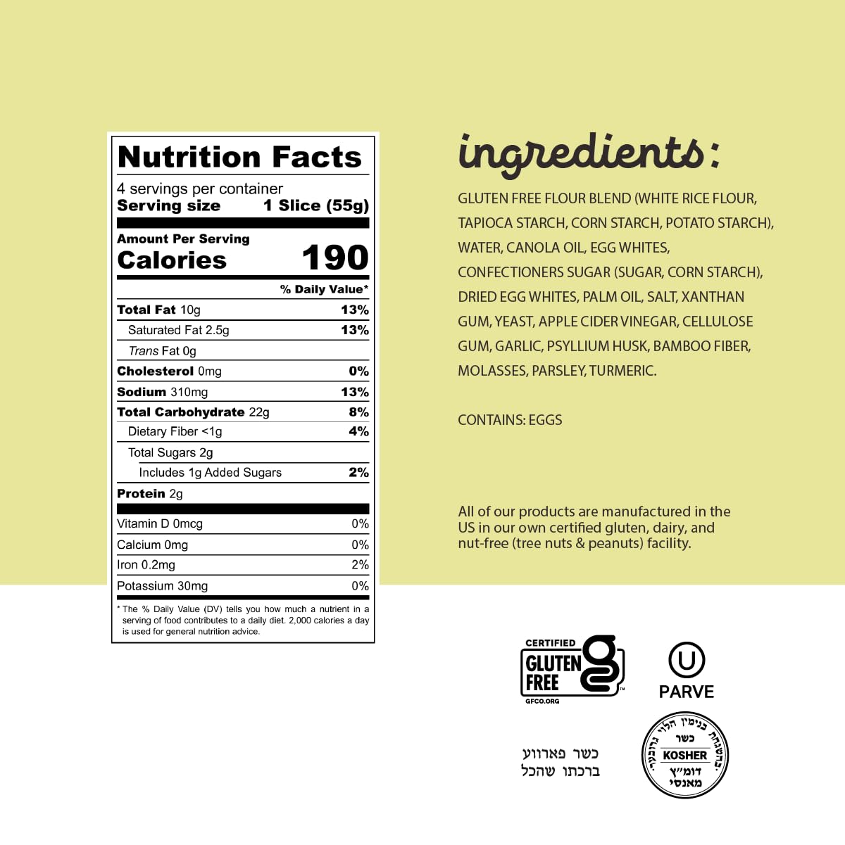 Katz Gluten Free Texas Toast, Fluffy Garlic Bread. Free of Dairy, Tree Nut, Peanut, and Soy. Kosher. 7.8oz (6pk)