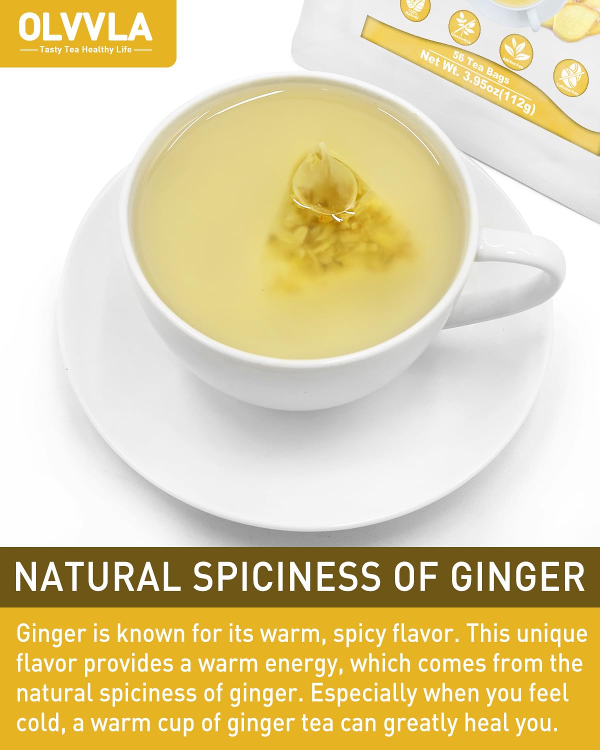 Olvvla Ginger Tea Bags - 100% Natural Herbal Tea - Non-GMO - Caffeine-Free - 56 Count