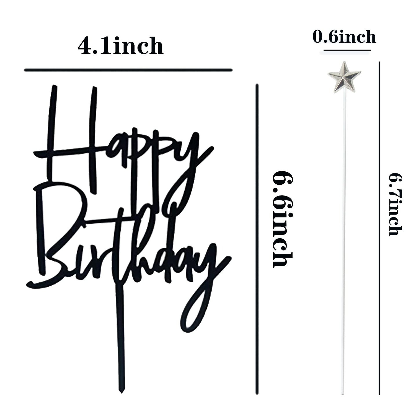 Set of 1 Black Acrylic Happy birthday Cake Topper 5 pcs silvery Star Cake Cupcake Topper(Black 1)