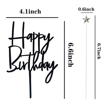 Set of 1 Black Acrylic Happy birthday Cake Topper 5 pcs silvery Star Cake Cupcake Topper(Black 1)
