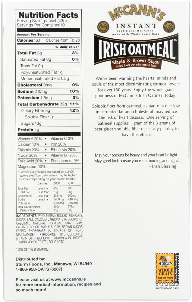 McCanns Instant Irish Oatmeal Maple Brown Sugar, 10 ct, 3 pk