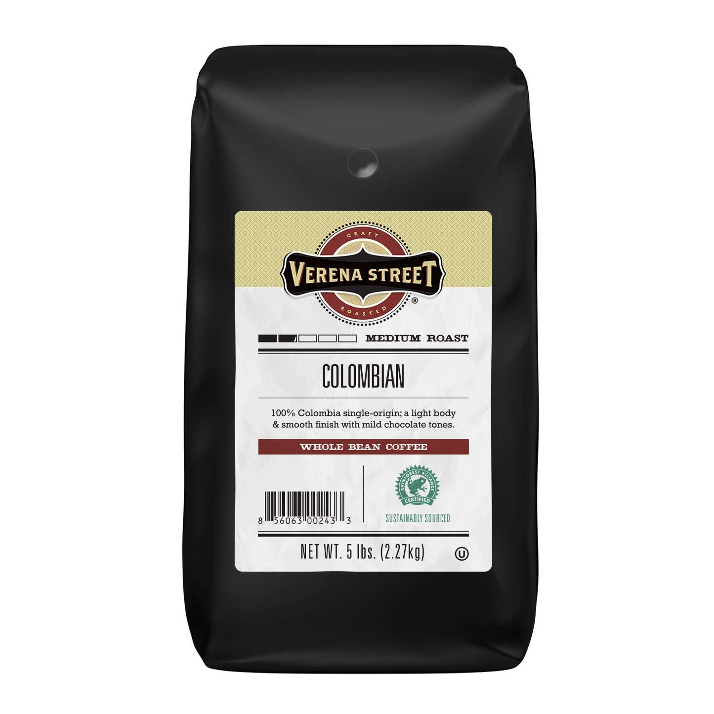 Verena Street Whole Bean Coffee, Light Medium Roast, 100% Colombian, 5 Pound Pack