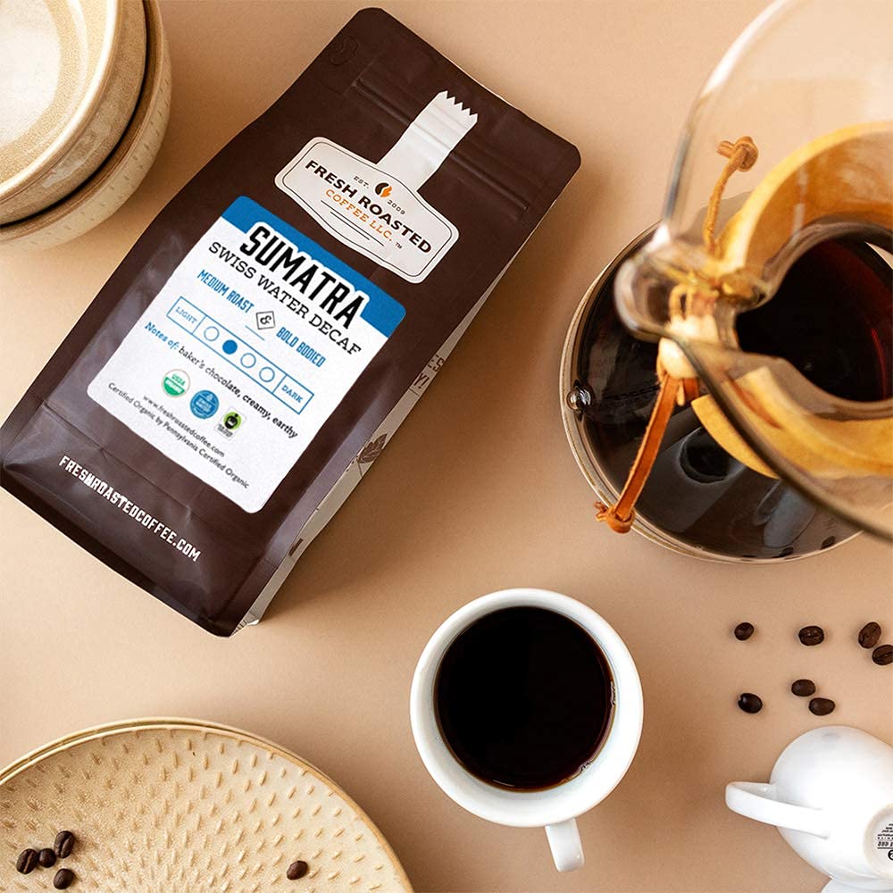 Fresh Roasted Coffee, Organic Sumatra Water Decaf | 12 Oz |100% Single Origin | Medium Roast | Rfa Kosher | Whole Bean