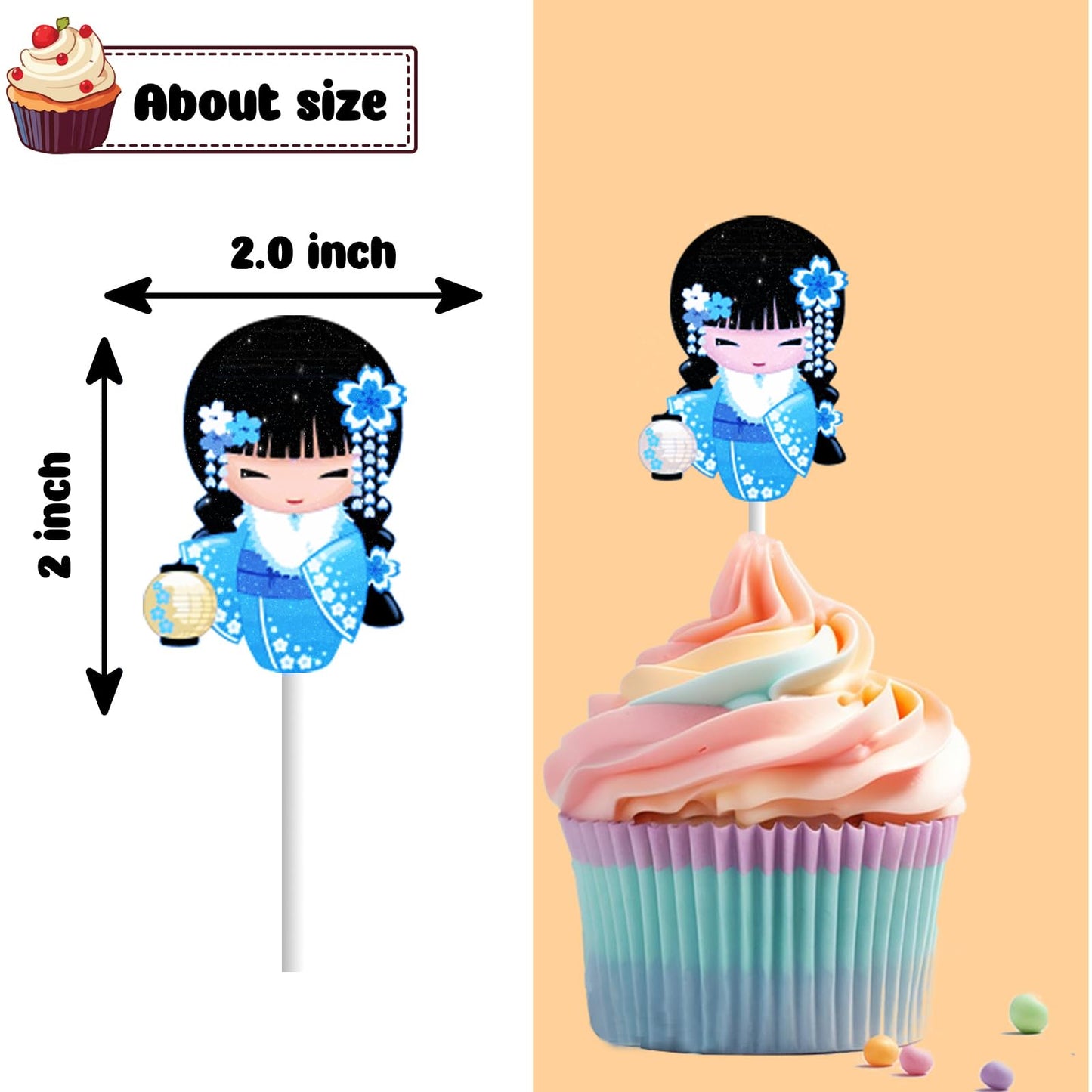 RedLeLe 18 PCS Japanese Cupcake Toppers, Kokeshi Doll & Cherry Blossom, Paper, Pink