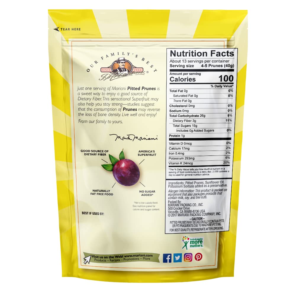Mariani Pitted Prunes, 18 Oz - Resealable Bag, Dried Pitted Plums, High Fiber, Supports Digestive Health, No Sugar Added