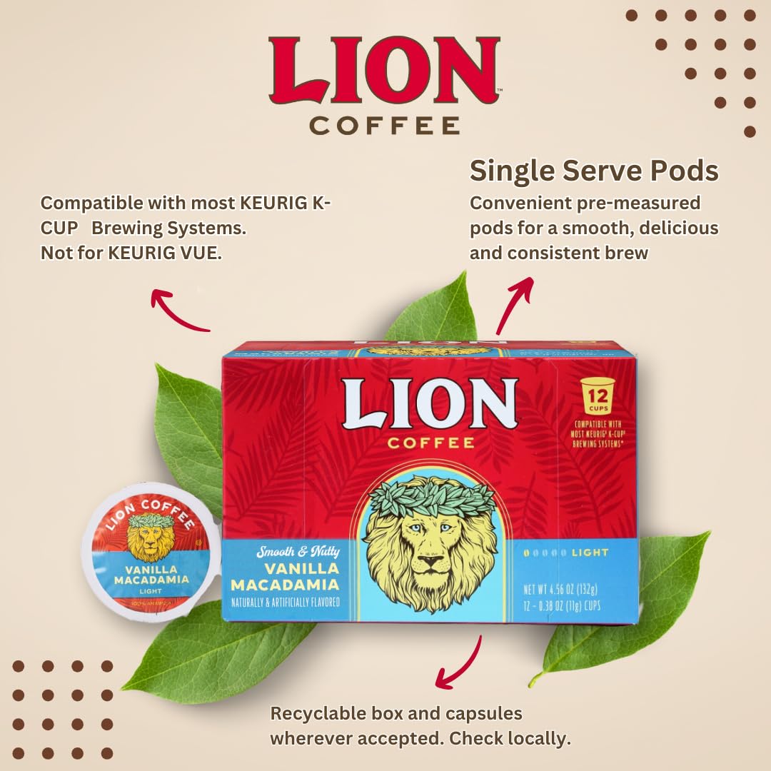 Lion Coffee Vanilla Macadamia Coffee Pods - Medium Roast - 12 Count Box - Compatible with Single-Serve Brewing Systems