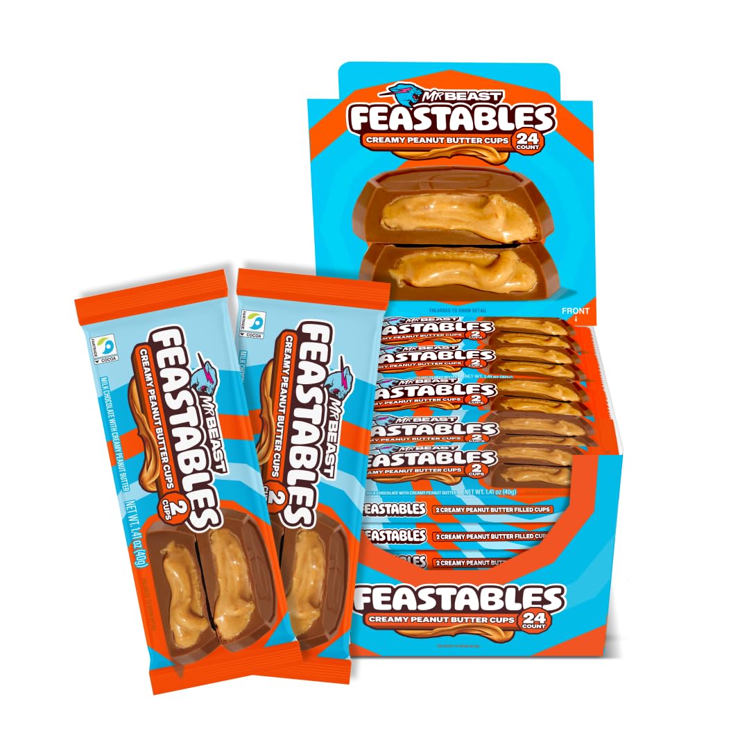 Feastables Mrbeast Peanut Butter Cups, Milk Chocolate & Creamy Peanut Butter Filling, Cups For Mature-Themeds & Kids, Chocolate Candy For Snacks, Gifts, Or Dessert, Made With Fairtrade Cocoa, 2 Pack, 24 Count