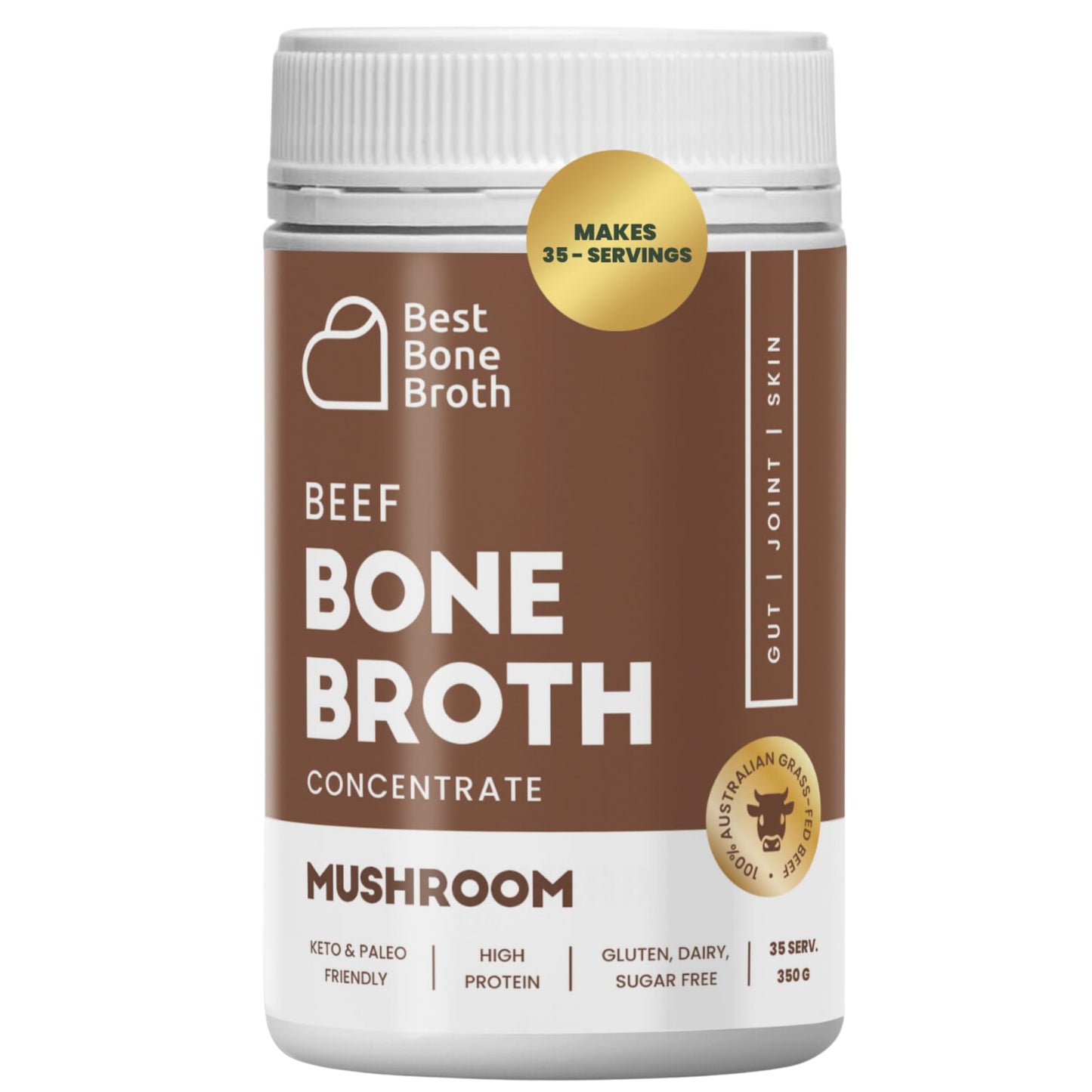 Beef Bone Broth Concentrate Mushroom Flavor Grass Fed - Made From Australian Cattle - Full Of Protein & Collagen | 35 Servings/ 2.25 Gl Of Broth | Just Add Water | Keto & Paleo Friendly | Sippable