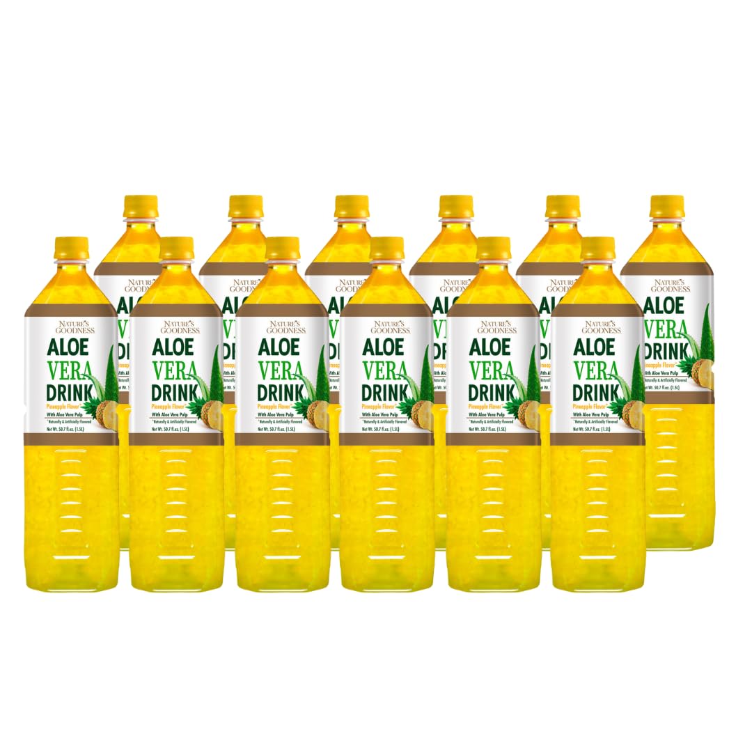 Natures Goodness Aloe Vera Drink With Pulp Pineapple Flavor -12 Pack Case - 50.7 Fl Oz (1.5 L) Each - Total 18 Liters - Refreshing Beverage With Real Aloe Vera Juice