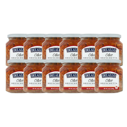 DeLallo Olive Bruschetta, 10 Ounce Jar, (12-Pack) Made with Green and Black Olives, Gourmet Italian Snack Dip, Non-GMO