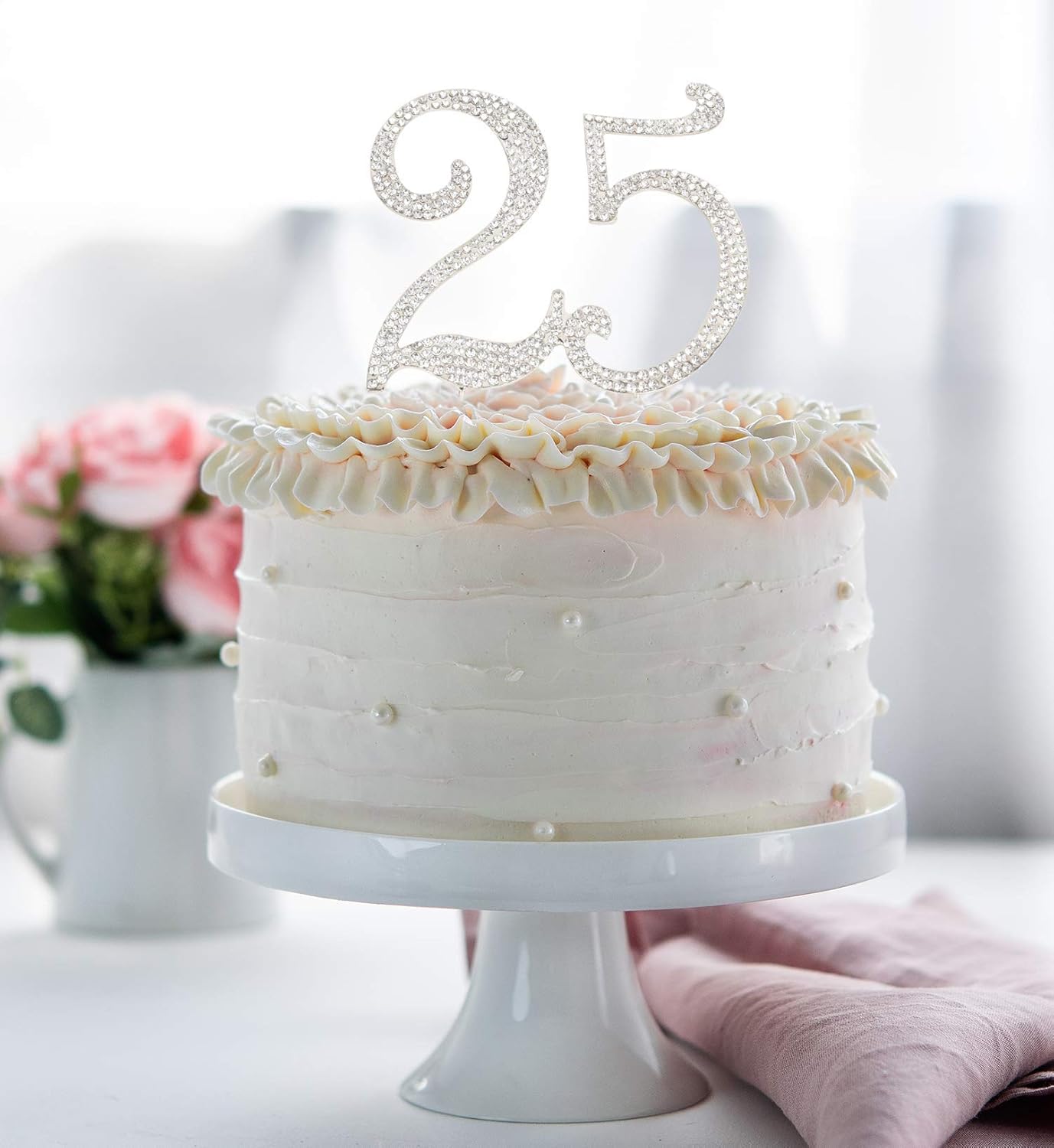 Hatcher Lee 25th Birthday Cake Topper - Bling Crystal Metal Decoration, Silver, Model HCL-308
