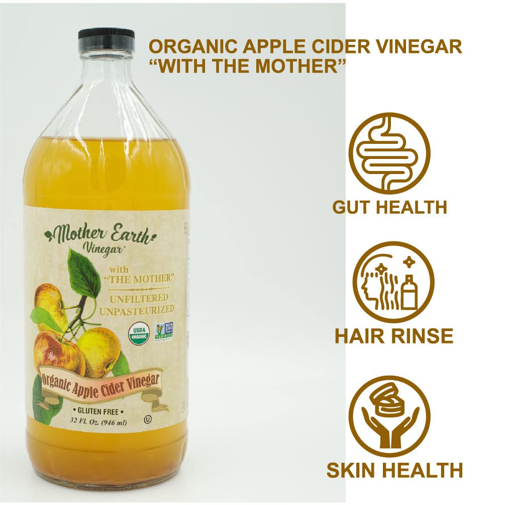 Mother Earth Vinegar Organic Apple Cider Vinegar with The Mother, Raw, Unfiltered, 32 Fl Oz Glass Bottle