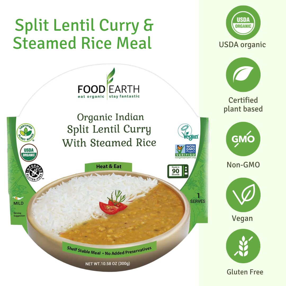 Food Earth Ready to Eat Indian Cuisine - Split Lentil Curry with Steamed Rice - Microwavable, Organic, Vegan, Gluten-Free, GMO-F