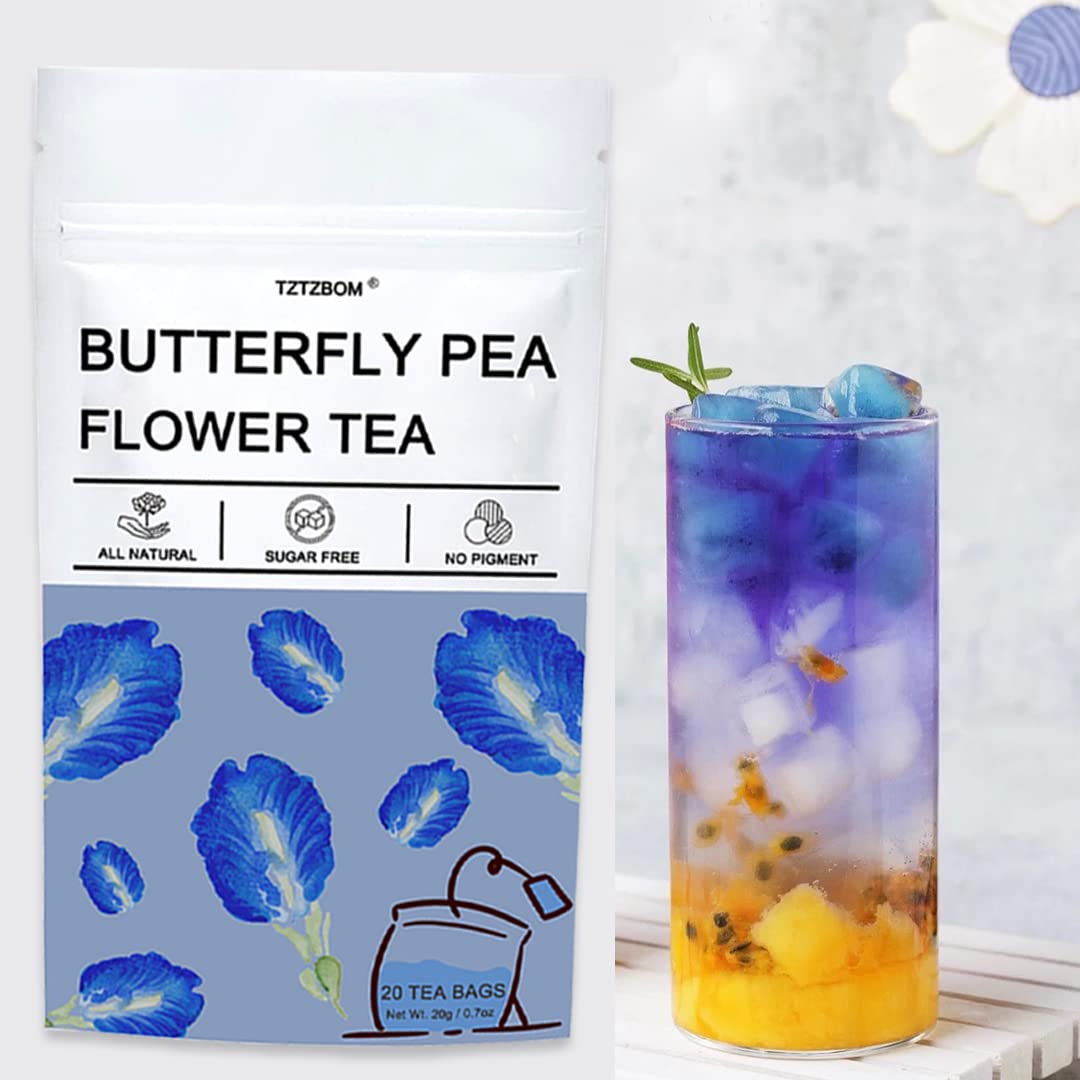 Tztzbom Butterfly Pea Tea - 20 Pyramid Tea Bags - Premium Dried Butterfly Pea Flower For Food, Iced Tea, Cooler, Cocktails, Mock