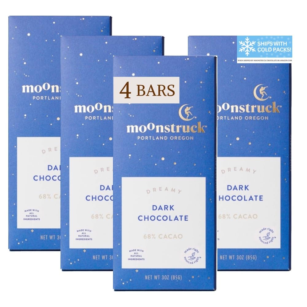 Moonstruck Chocolate Dark Chocolate Bar, 68% Cacao, 3.0oz (Pack of 4)