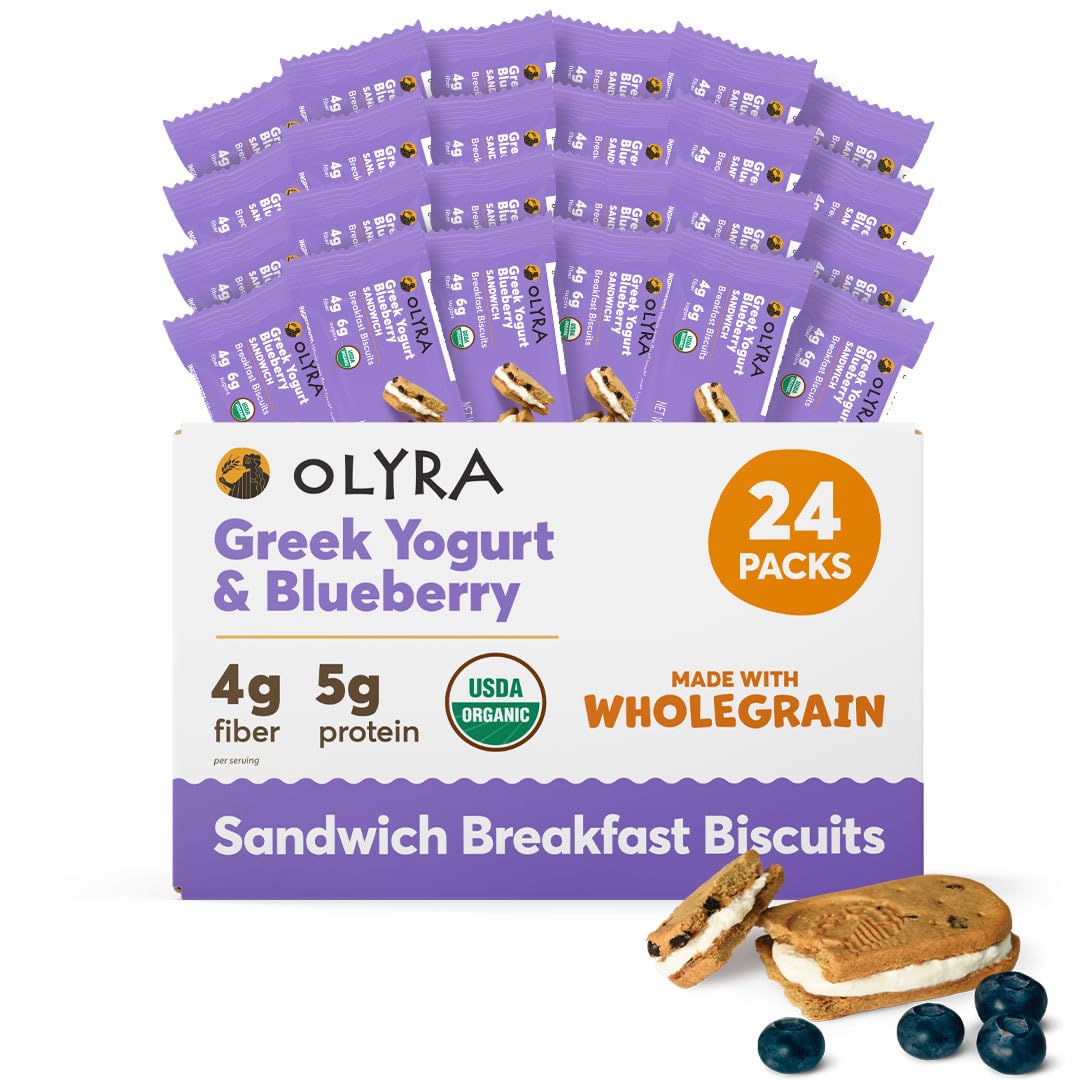 Olyra Greek Yogurt Blueberry Sandwich Breakfast Biscuits, Healthy Snacks for Adults and Kids, Low Sugar, High Fiber, Organic Coo