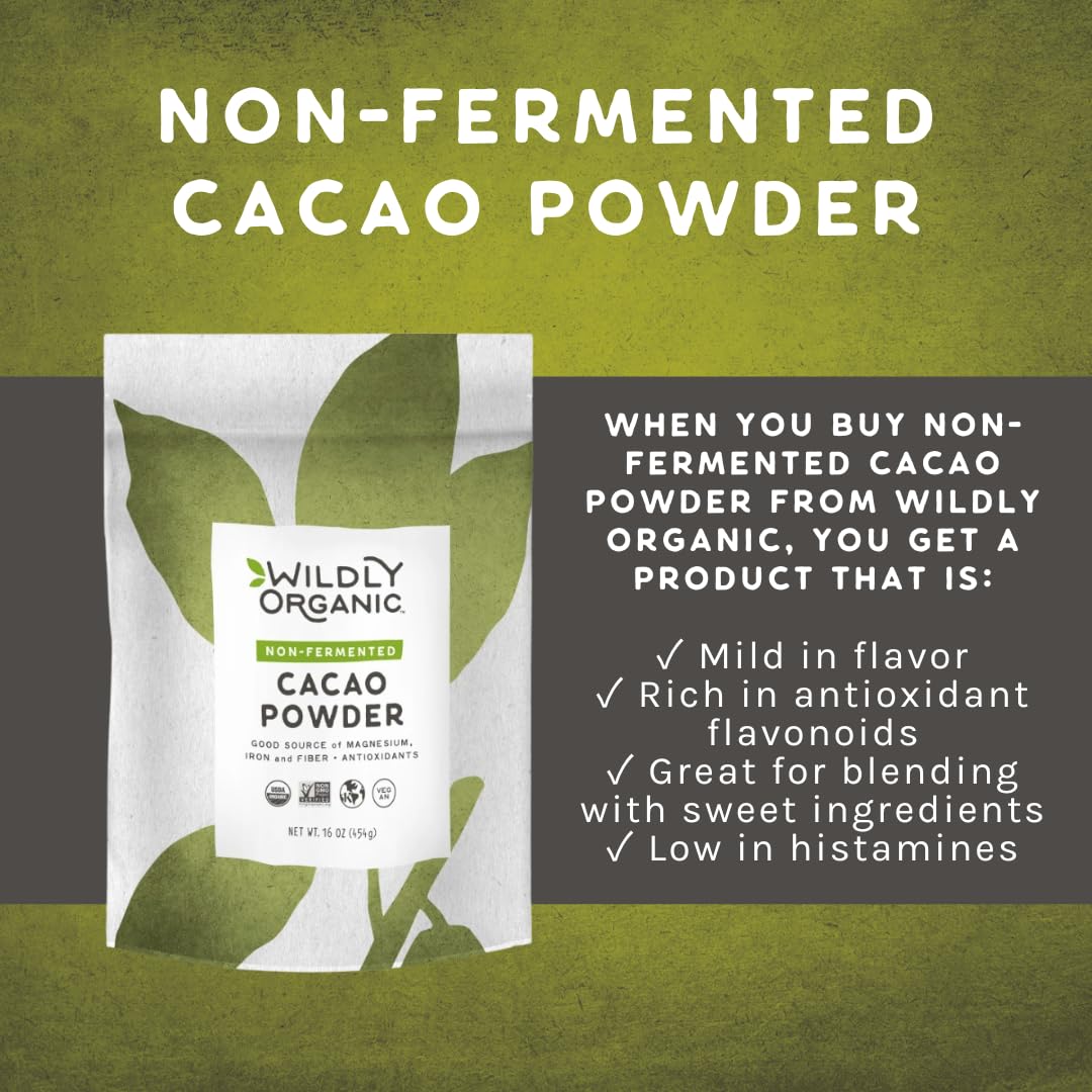 Wildly Organic Non-Fermented Cacao Powder 16 Oz, 1 Lb Bag - Organic, Non-Alkalized, High In Antioxidants, Minimally Processed, R