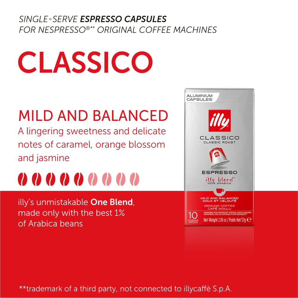 illy Aluminum Espresso compact pieces - Classico Medium Roast Coffee - 10 Count Pack - Compatible with Nespresso Machines