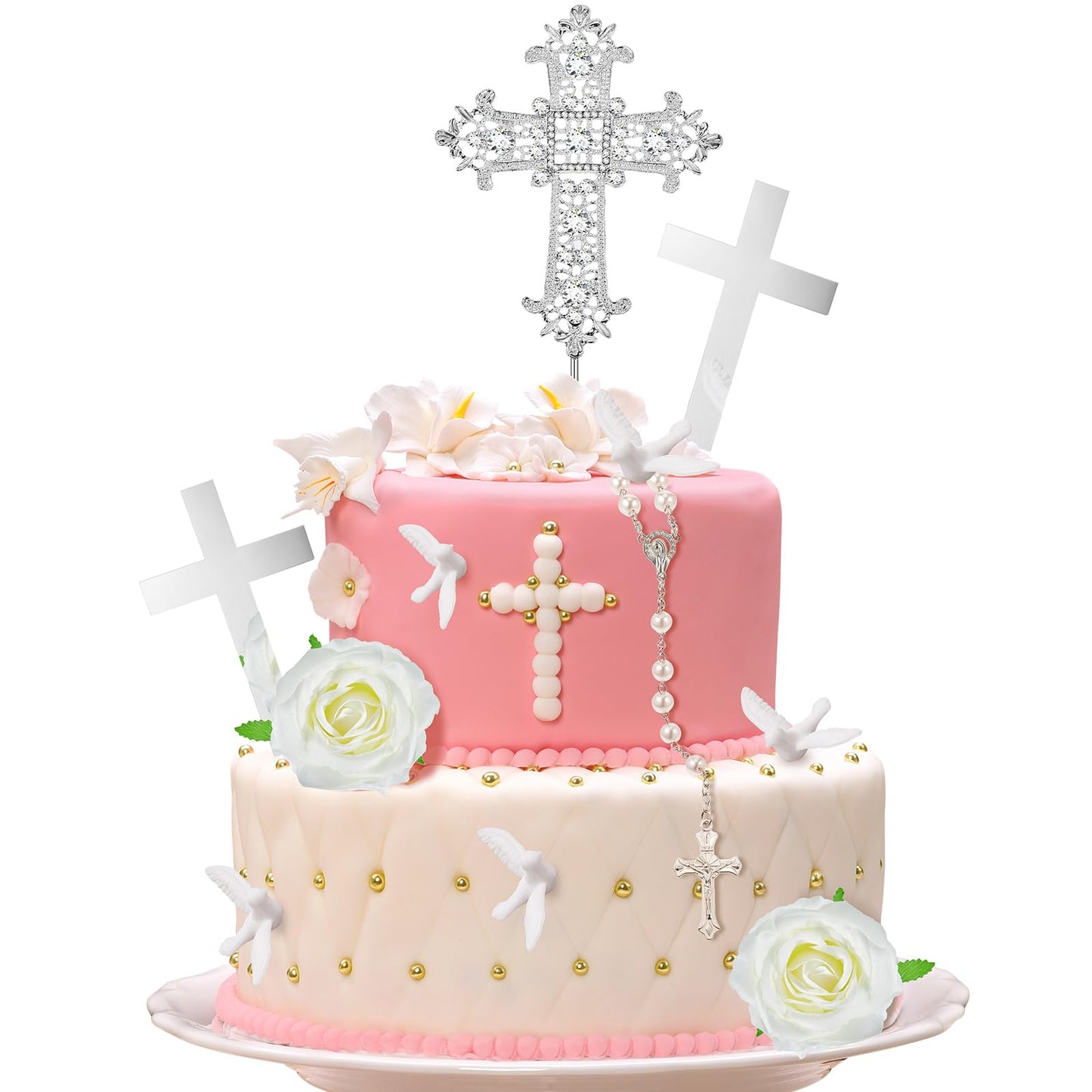 Taiyin 11 Pcs Cross Cake Topper, Religious Baptism Decor, Confirmation Supplies, Mi Bautizo Rosary Dove Flower Decor for Baptism