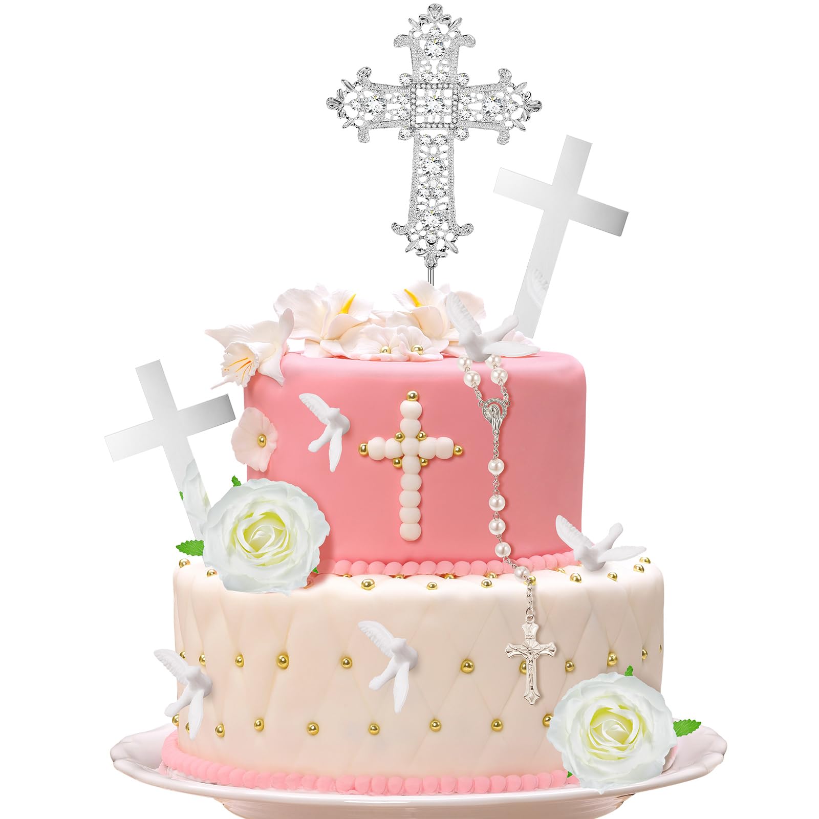 Taiyin 11 Pcs Cross Cake Topper, Religious Baptism Decor, Confirmation Supplies, Mi Bautizo Rosary Dove Flower Decor for Baptism