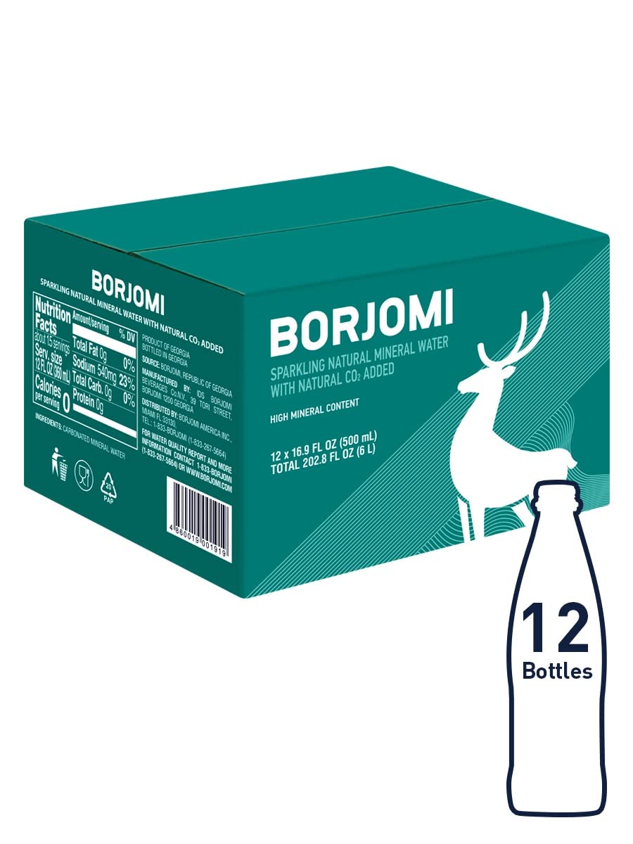 BORJOMI Sparkling Natural Mineral Water, 16.9 fl oz (Pack of 12), Glass