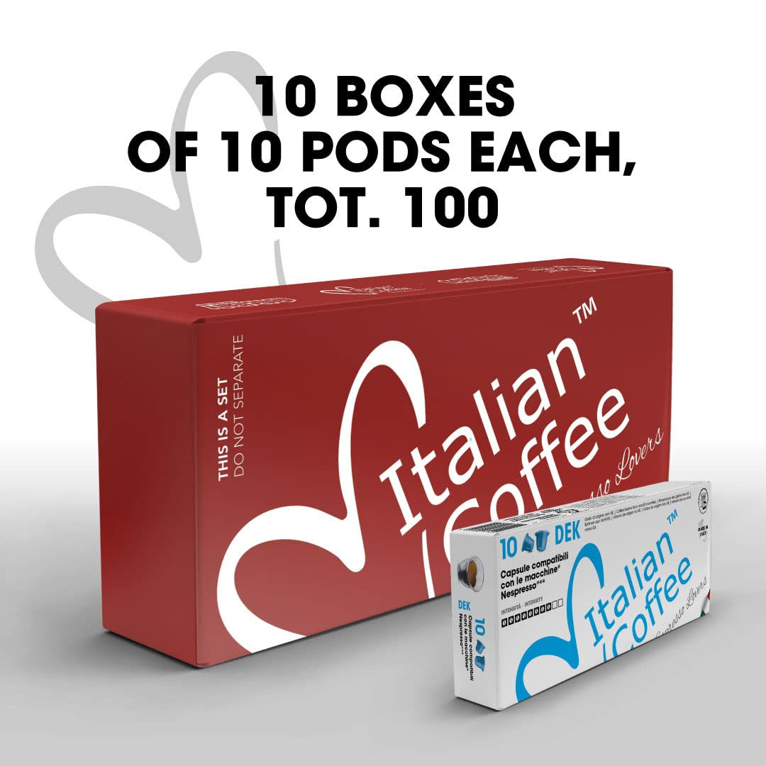 DELICITALY Italian Coffee Pods, 100 Decaffeinated Espresso compact pieces, Compatible with Nespresso Original Machines, 1 Count