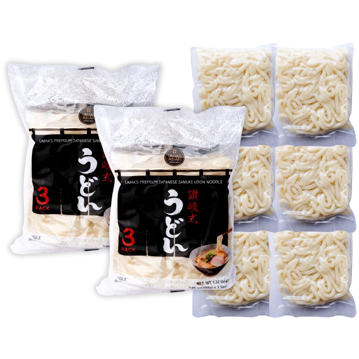 Unha's Japanese Sanuki Fresh Udon Noodles, Jumbo Style Chewy Noodles with No Soup, Quick and Easy, Individual Pack 22 OZ (200g/6