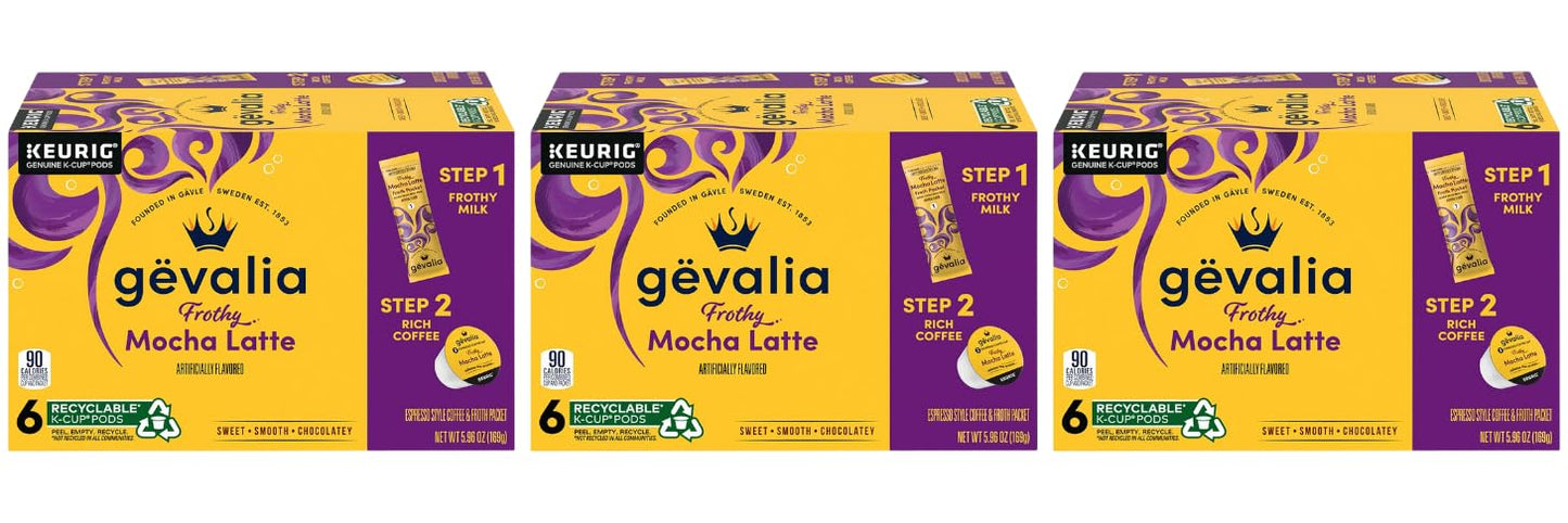 Gevalia, 2-Step K-Cup & Froth Packets, 6 Count, 5.6Oz Box (Pack Of 3) (Mocha Latte)