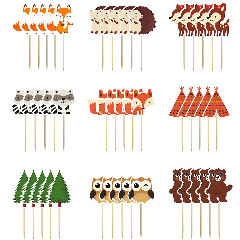 DRWATE 60PCS Woodland Creatures Cupcake Toppers Picks - Cardboard Cake Decorations for Baby Shower, Kids Birthday, Safari Party