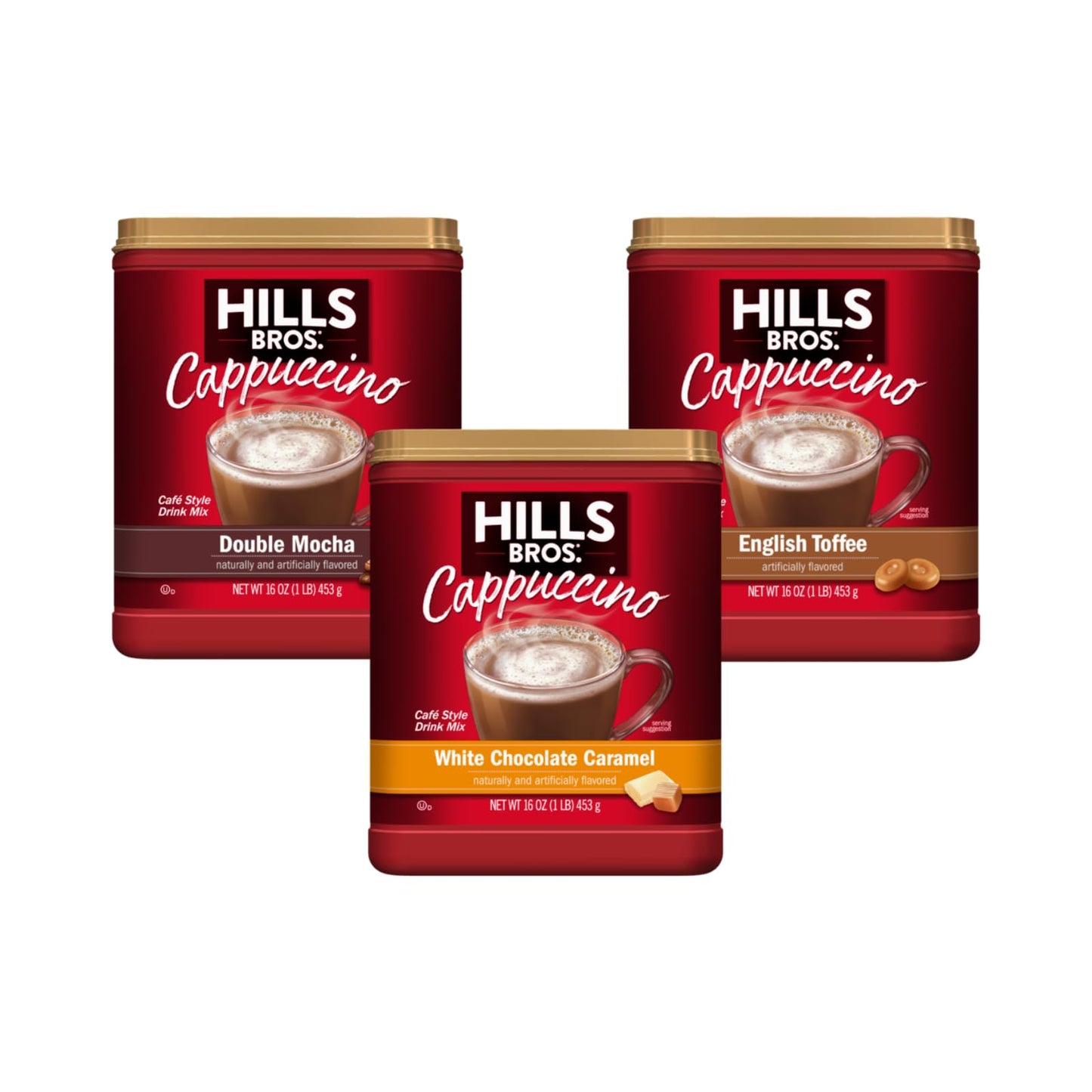 Hills Bros. Cappuccino Variety Pack - Double Mocha, White Chocolate Caramel, English Toffee - 48 Ounce (Pack of 1)