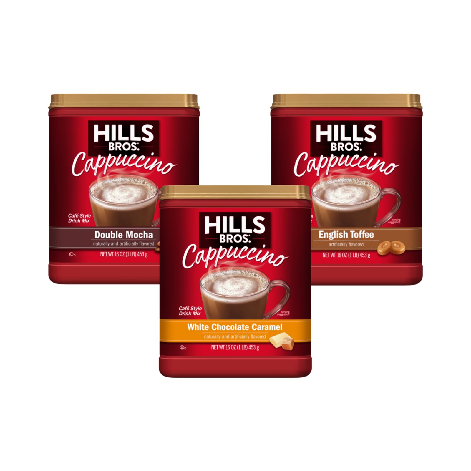 Hills Bros. Cappuccino Variety Pack - Double Mocha, White Chocolate Caramel, English Toffee - 48 Ounce (Pack of 1)