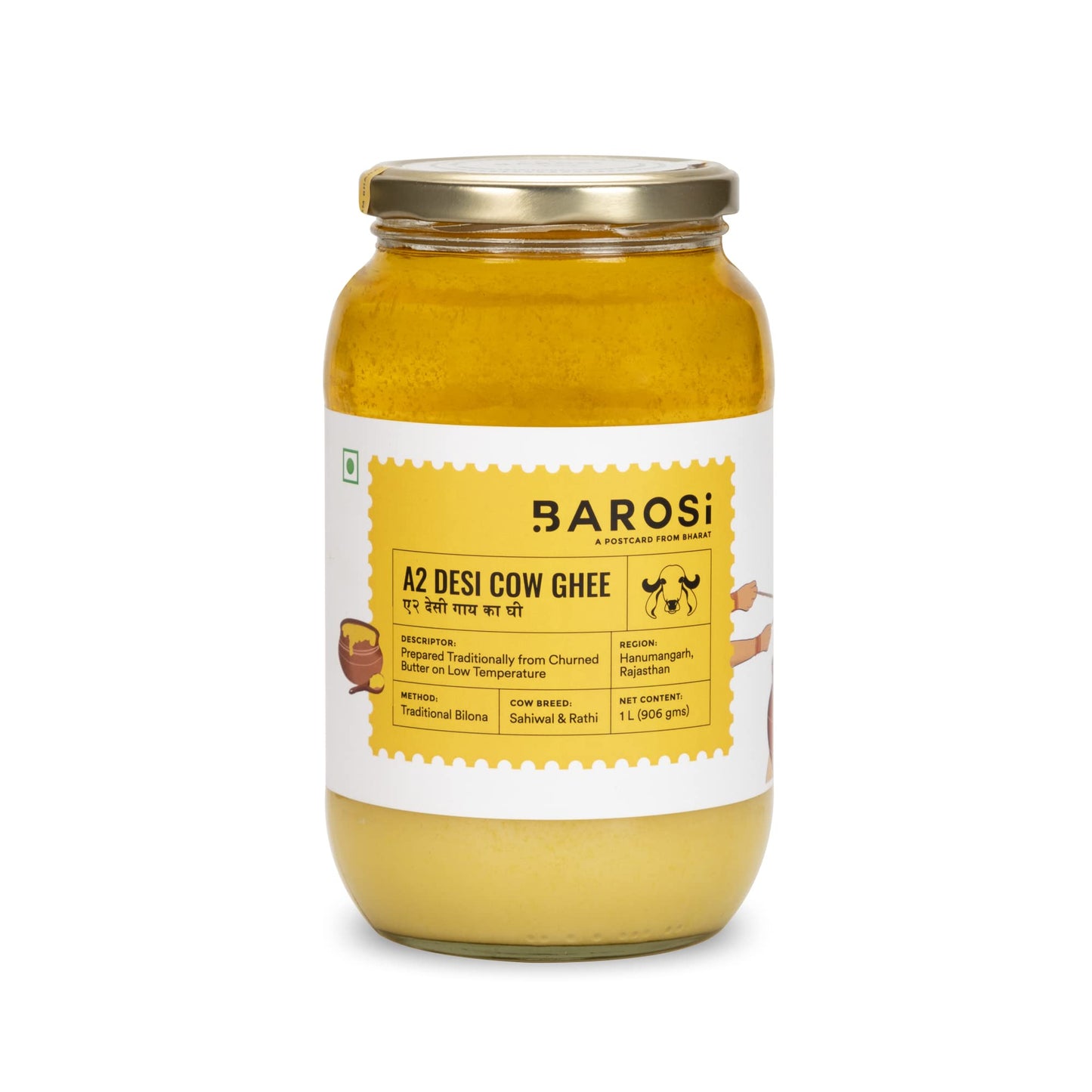 Barosi Enhanced A2 Cow Ghee 1 Litre | A2 Danedar Desi Ghee | Churned From Curd With Bilona Method | Pure & Aromatic | Organic, Farm Made In Small Batches | Glass Jar
