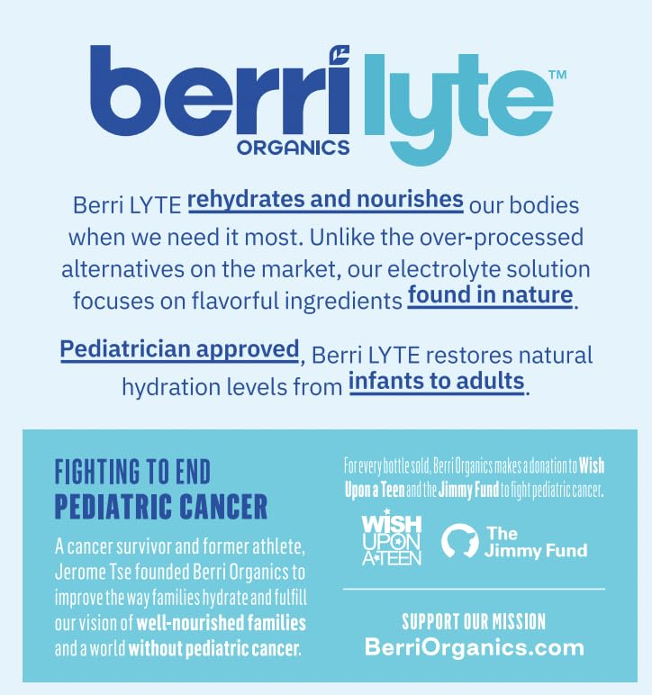 Berri Lyte Electrolytes Hydration Beverages With Coconut Water, Organic & Plant Based Electrolyte, Pediatric Rehydration Drink, Cherry, 1 L, 6 Count