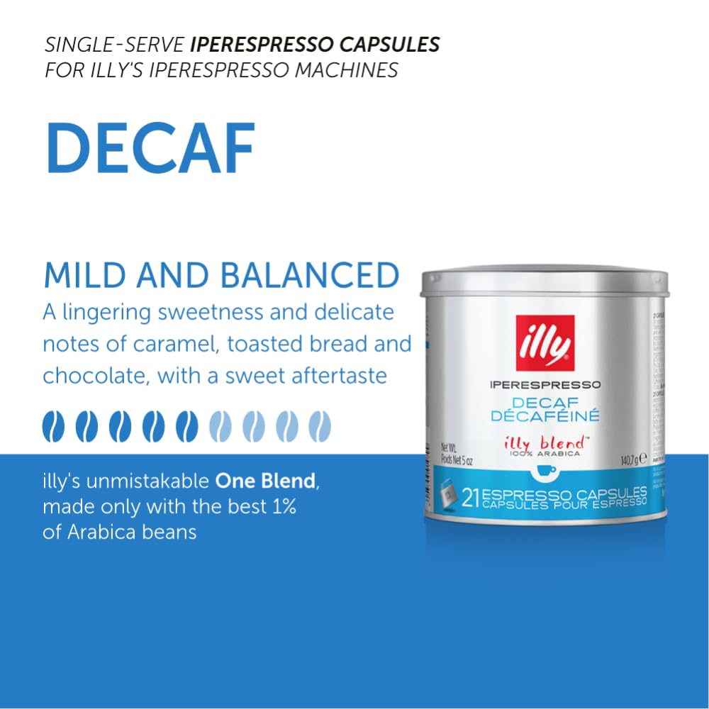 illy Coffee iperEspresso Capsules - Single-Serve Coffee Capsules & Pods - Single Origin Coffee Pods - Classico Decaf Roast with Notes of Caramel - For iperEspresso Capsule Machines - 21 Count