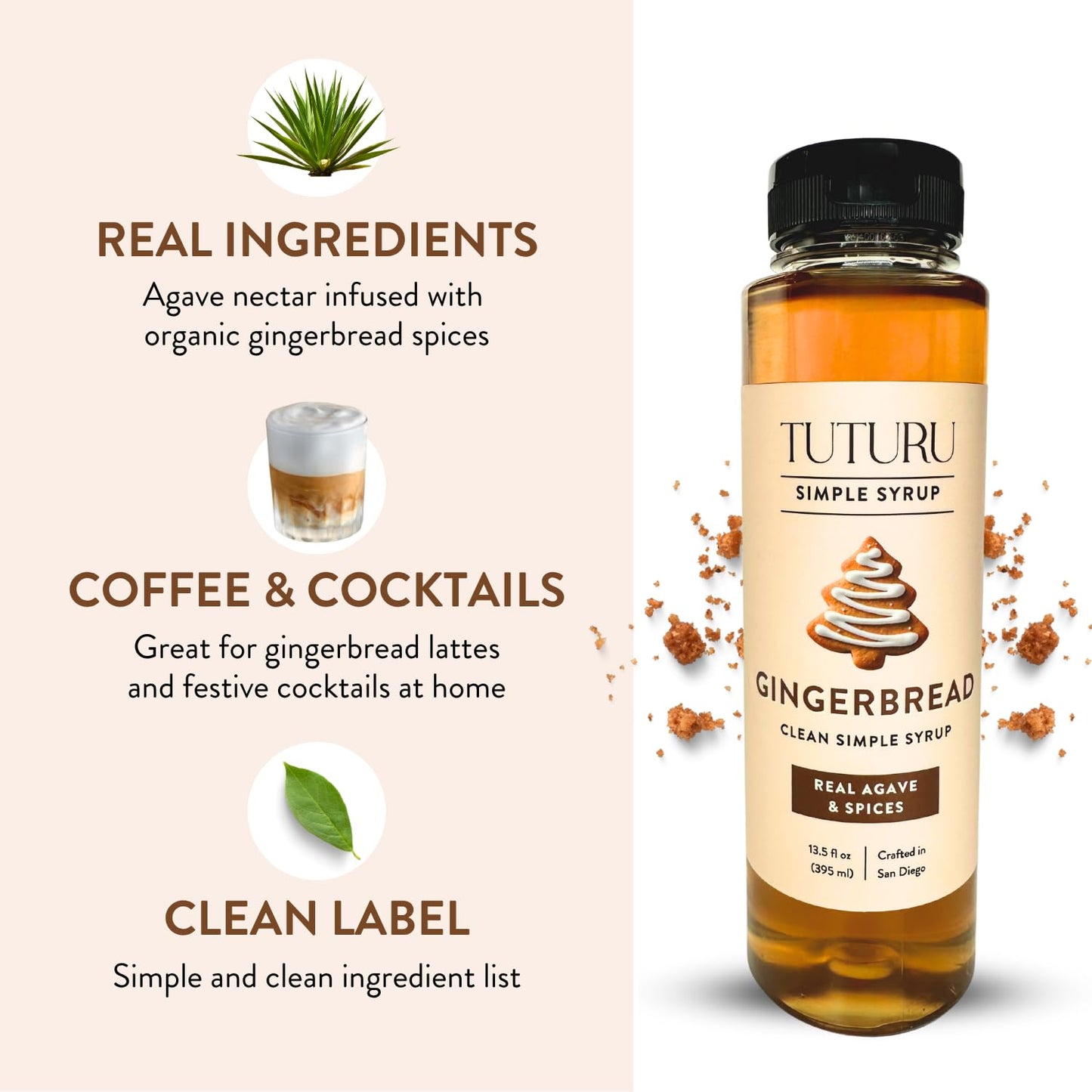 Gingerbread Simple Syrup for Coffee  Cocktails  Matcha - Sweetened with Agave Nectar - Infused with Real Gingerbread Spices - 13.5 oz