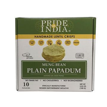 Pride Of India - Mung Bean Plain Papadum Lentil Crisp, 10 count (3.53oz - 100gm) - Plant Based Protein Snack, Gluten-Free Vegan 