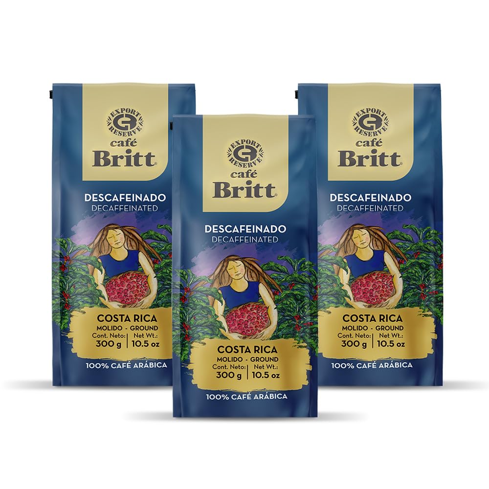Café Britt® Costa Rican Decaffeinated Ground Coffee, 100% Gourmet Dark Roast, 10.5 oz. (3-Pack), Kosher, Gluten Free