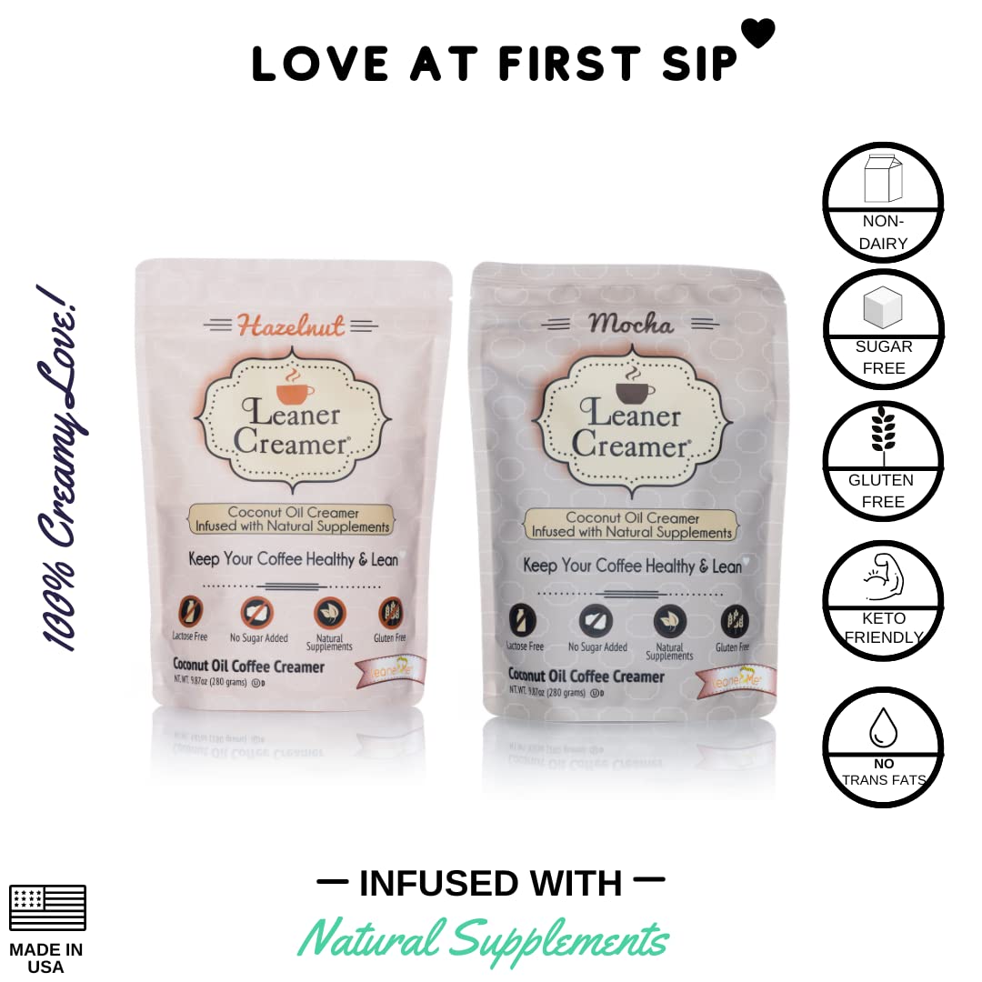 Leaner Creamer Non-Dairy Sugar Free Coffee Creamer Powder, Mocha + Hazelnut, 9.87 oz (Pack of 2)
