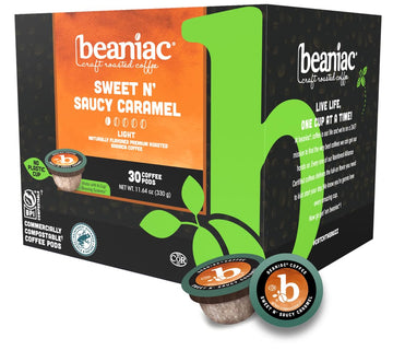 beaniac Sweet n' Saucy Caramel, Flavored Light Roast, Single Serve Compostable K Cup Coffee Pods, Arabica Coffee with Natural Fl