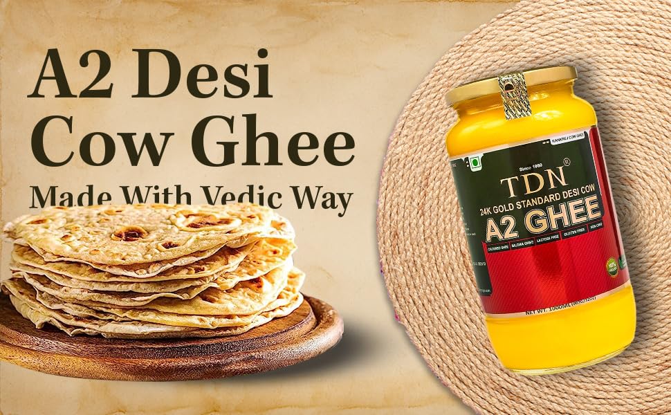 Tdn Farm Fresh A2 Ghee - 1L Glass Bottle, Nddb A2 Lab Certified, A2 Cow Desi Ghee, A2 Ghee Bilona Method, A2 Organic Cow Ghee, Grassfed, Cultured Enhanced Ghee, Curd Churned A2 Ghee
