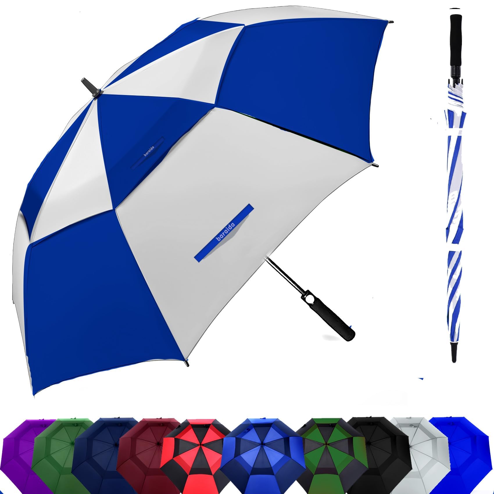 Baraida Golf Umbrella Large 62/68/72 Inch, Extra Large Oversize Double Canopy Vented Windproof Waterproof Umbrella, Automatic Open Golf Umbrella For Men And Women And Family.(68 Inch,White/Blue)