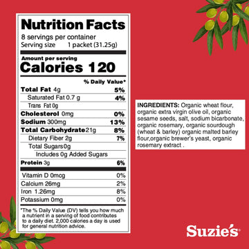 Suzies Organic Rosemary Sesame Saltines Crackers|Healthy Gourmet Baked Vegan Snack for Adults & Children|Non GMO|12 Fresh Packs