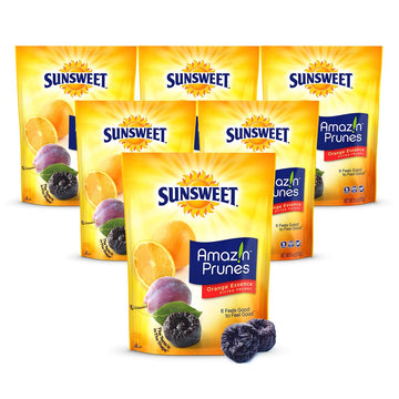 Sunsweet Amazin' Prunes Orange Essence - Prunes Pitted Unsweetened & Dried - Gluten Free, Vegan, Low Fat - Fiber & Minerals - 6 Oz Pouch - 6 Pack