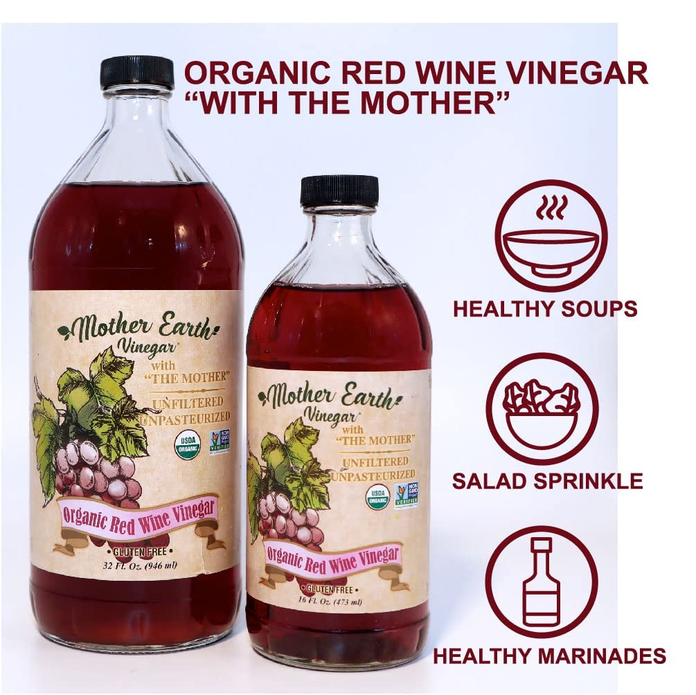 Mother Earth Vinegar Organic Red Wine Vinegar, Fresh Pressed, Unfiltered, Unpasteurized, 64 Fl Oz