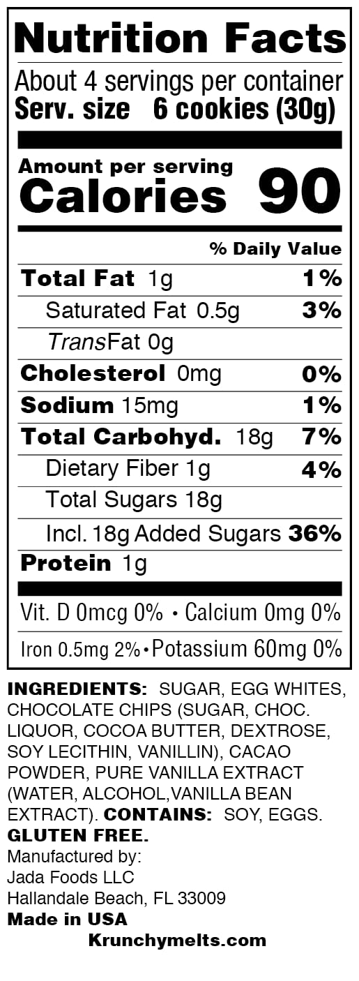 Krunchy Melts Original Meringue Cookies, Chocolate Chip, 4 Pack, 90 Calories, Low Fat, Gluten Free, Dairy Free (4 Oz)