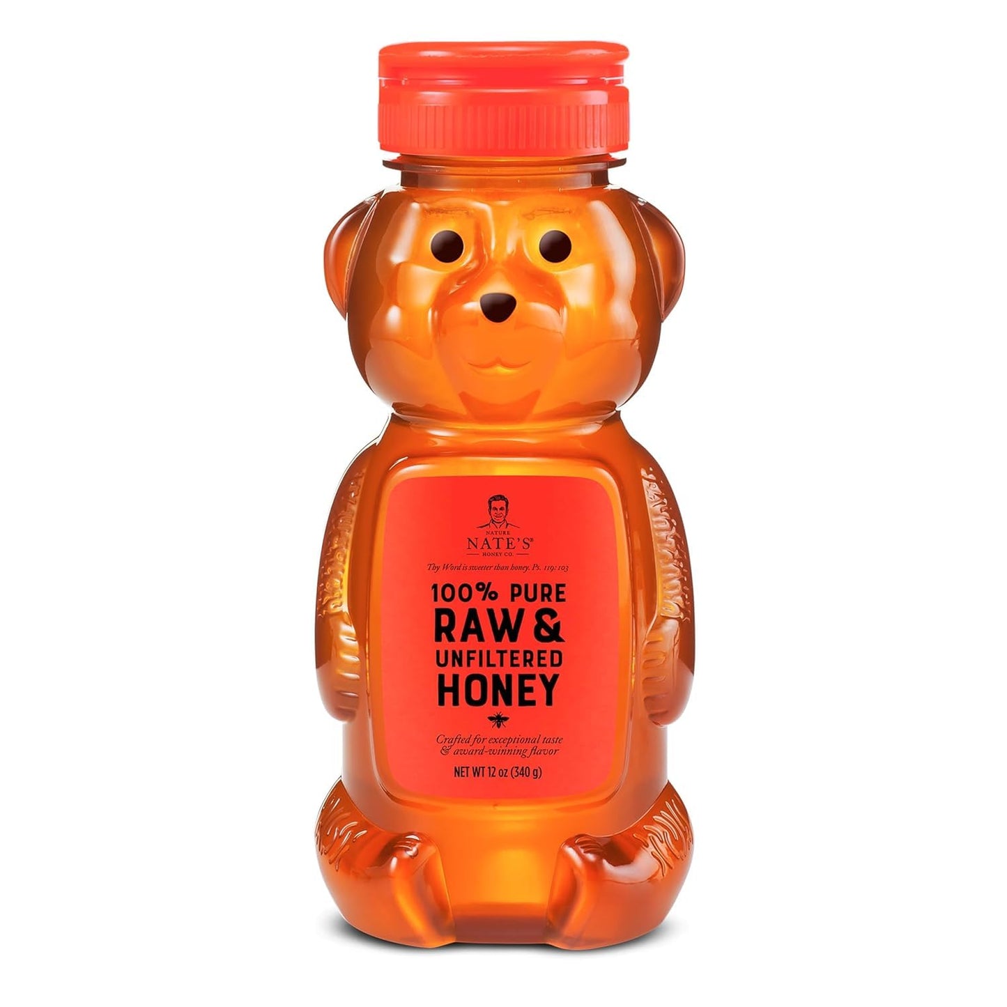 Nates 100% Pure, Raw & Unfiltered Honey - Award-Winning Taste, 12oz. Honey Bear Bottle