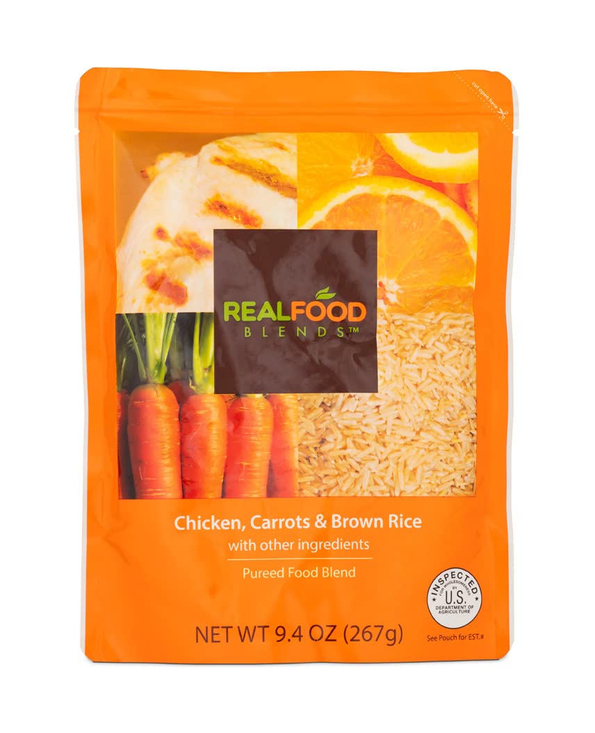 Real Food Blends Chicken, Carrots & Brown Rice - Pureed Food Meal for Feeding Tubes, 9.4 oz Pouch (Pack of 12 Pouches)