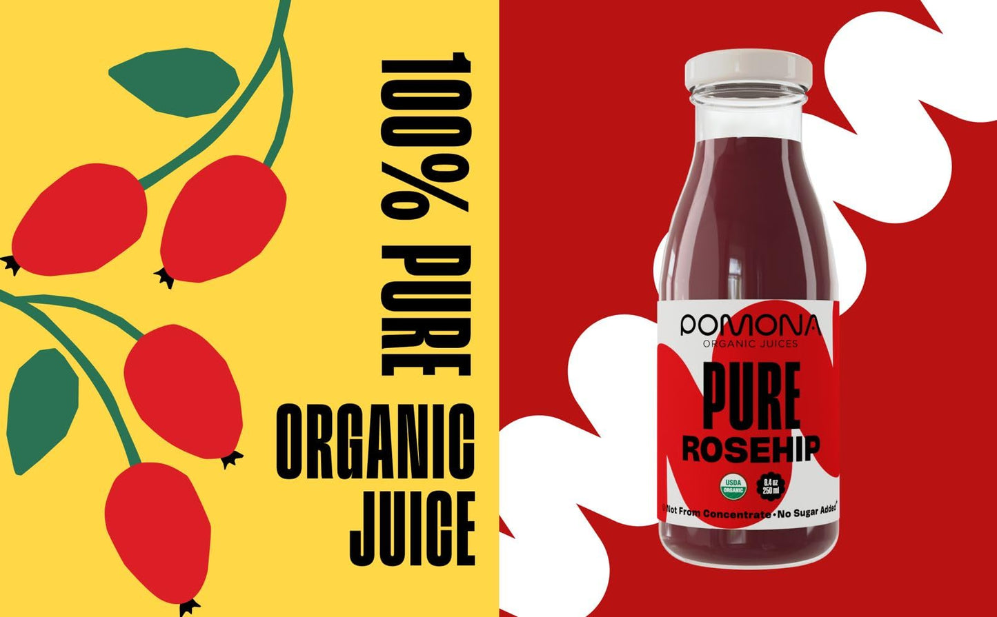 Pomona Organic Juices Pure Rosehip Juice  8.4 Ounce Bottle (Pack of 12)  Cold Pressed Organic Juice  Non-GMO  No Sugar Added  Not from Concentrate  Gluten Free  Kosher Certified  Preservative Free